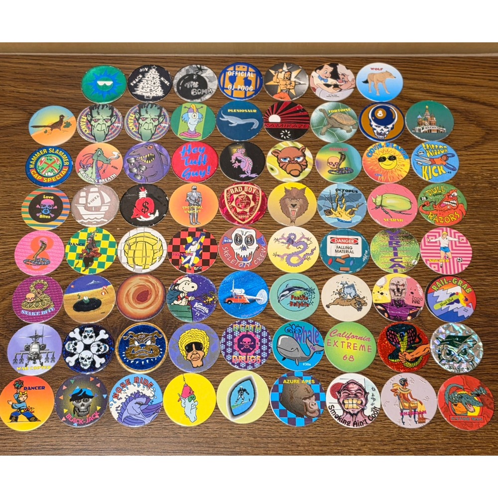 Vintage 1990s POGS Milk Caps Lot 60+ Disney Bad Boy Skull Holographic Mixed